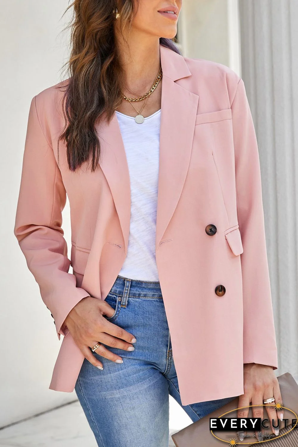 Pink Turn-Down Collar Buttons Blazer with Pockets