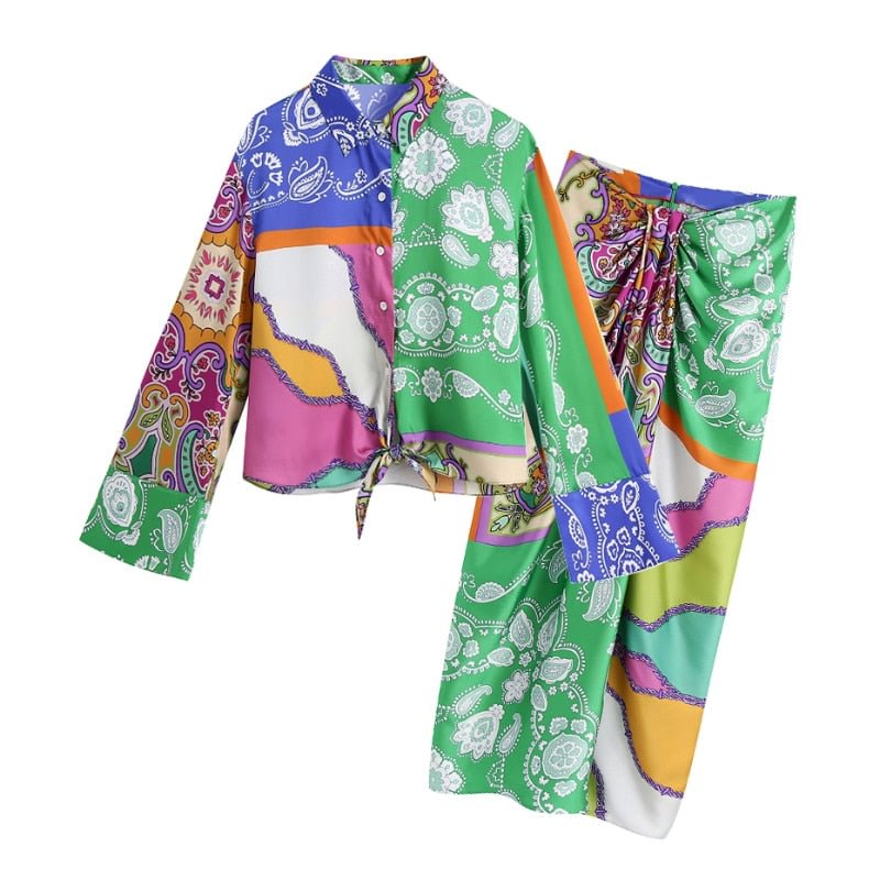 Aachoae Women Vintage Printed 2 Piece Set Bow Tie Long Sleeve Turn Down Collar Blouse Shirt High Waist Knotted Back Zipper Skirt