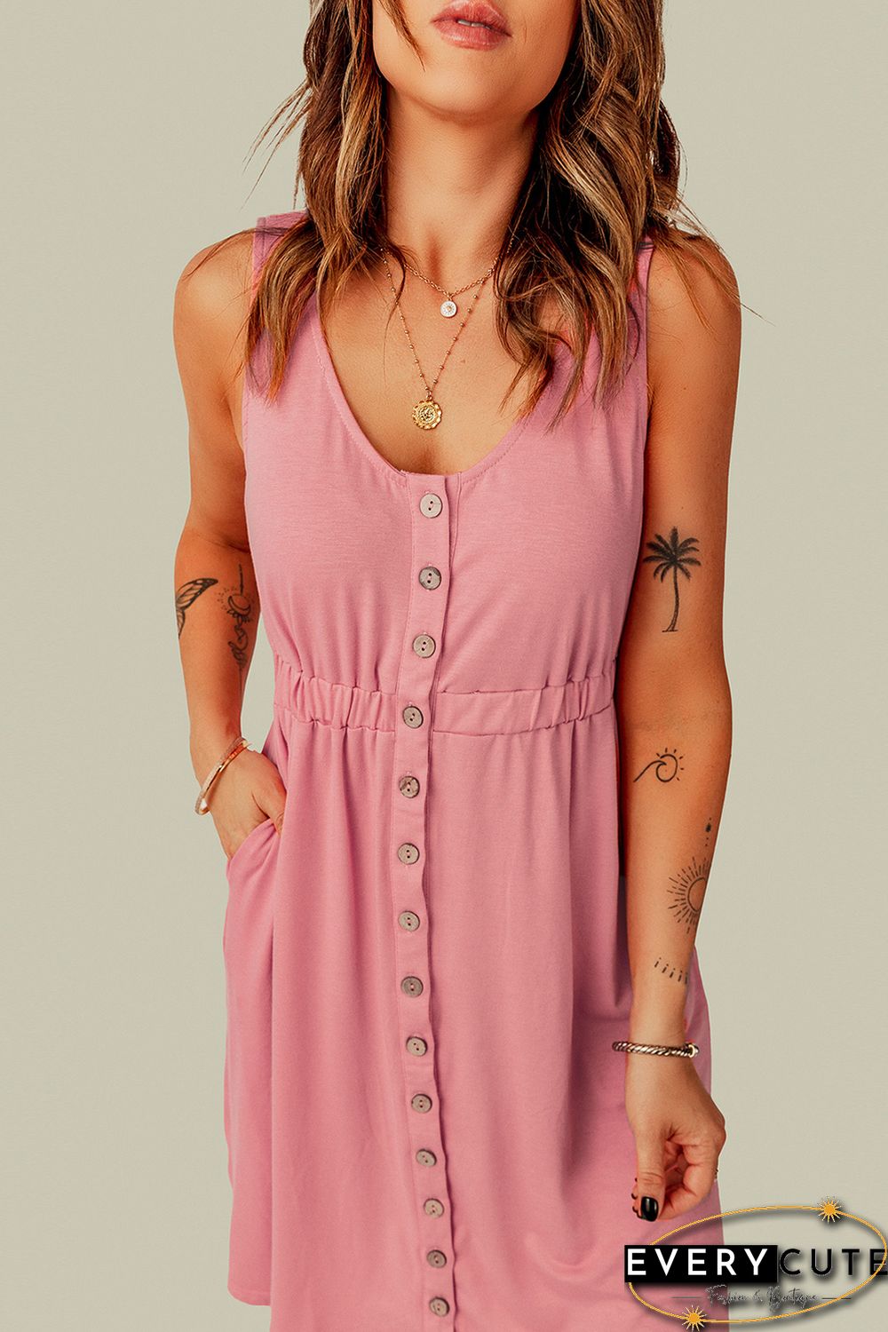 Pink Buttons Sleeveless High Waist Mini Dress