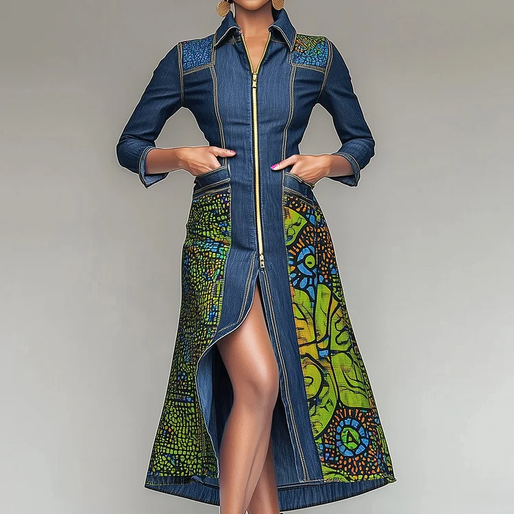 Ursime Denim Zipper Pocket Long Sleeve Ethnic Pattern Midi Dress