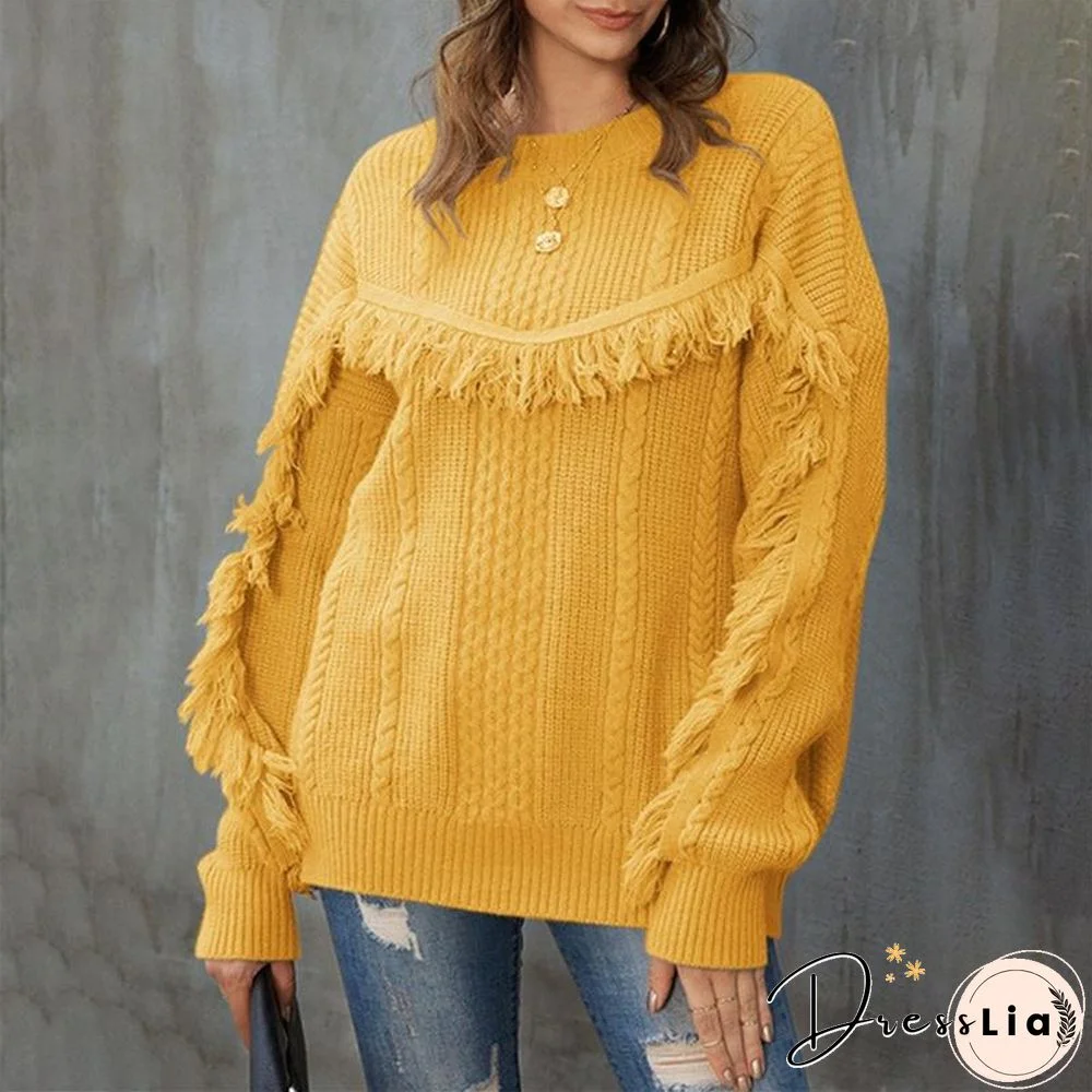 Round Neck Loose Tassel Twist Solid Color Sweater