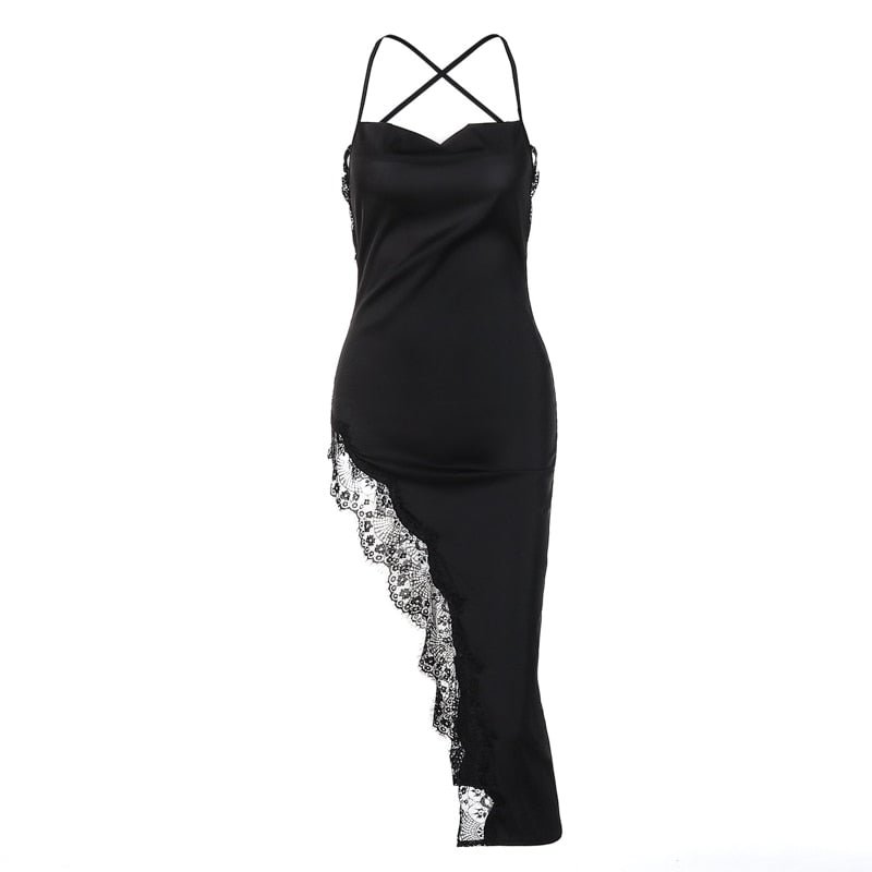 Hawthaw Women Sexy Lace Party Club Backless Bodycon Stain Black Straps Midi Dress 2022 Summer Clothes Wholesale Items For Resale