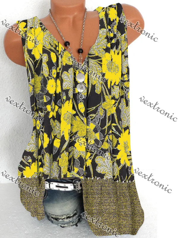 Women's Sleeveless Floral Printed Printed V-neck Tops T-shirt