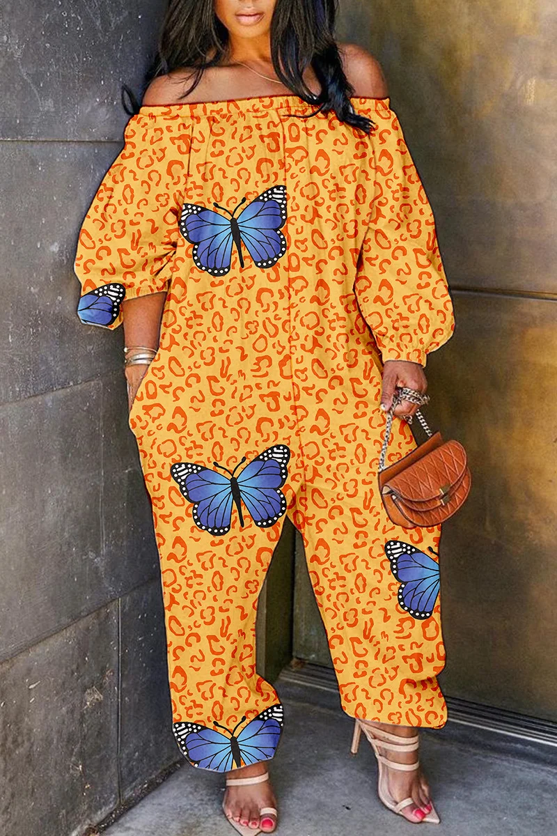 Orange Casual Print Basic Off the Shoulder Regular Jumpsuits