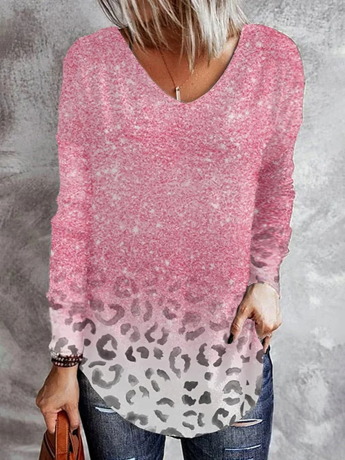 Women's Pink Leopard Print V-Neck Casual Sweatshirt