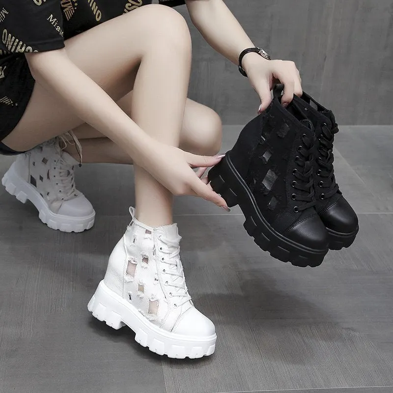 2022 Autumn Hollow Out Canvas Ankle Boots For Women Round Toe Lace Up Hidden Heels Shoes Woman Chunky Platform Booties