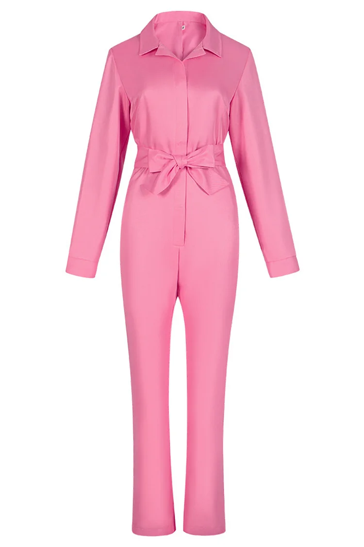 Casual Barbie Pink Slim Fit Pink Jumpsuit With Belt And Shoulder Strap