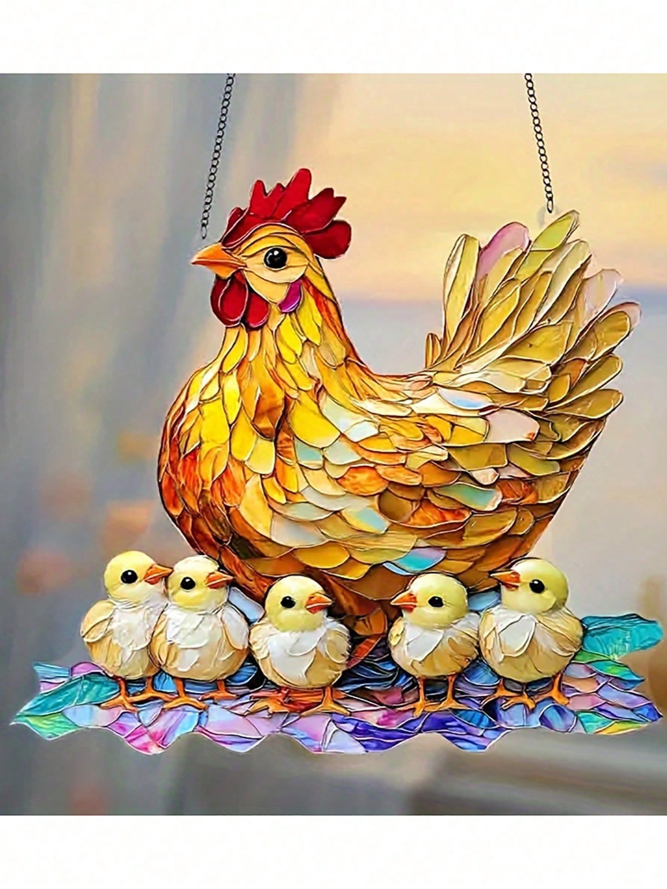 Tegooe Tegooe Stained Glass Style Chicken Suncatcher Mother Hen Chicks Farmhouse Window Panel Hanging Decoration