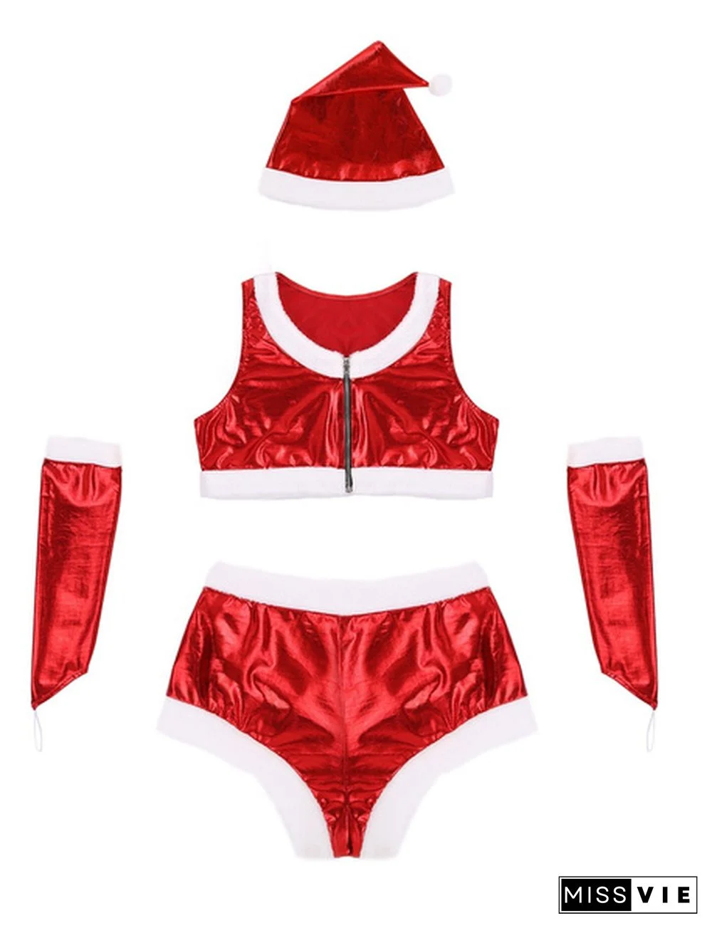 Womens Red 4Pcs Outfit Christmas Babe Outfit Costume White Flannel Trimmed Shiny Metallic Sleeveless Crop Top #S-XL