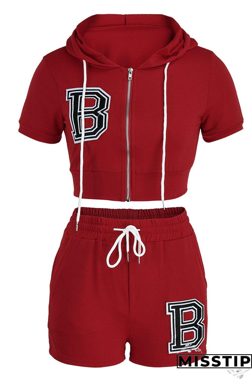 Red Fashion Casual Letter Solid Embroidered Hooded Collar Short Sleeve Two Pieces