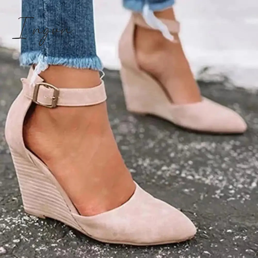 Ingvn - Women Summer Classic Wedge Pumps Ankle Strap Heels Sandals Nude / 5