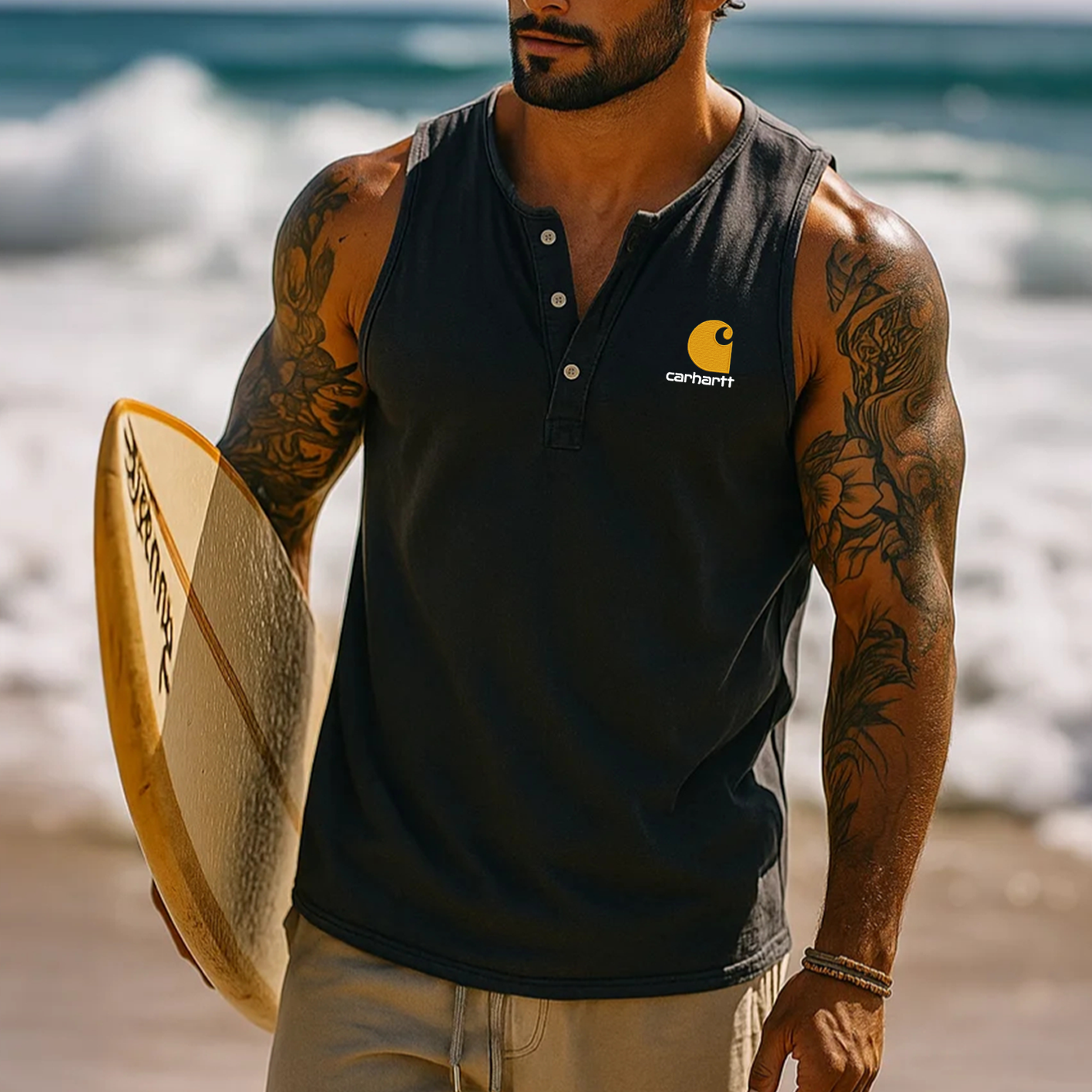 Men's Vintage Henley Neck Surf Print Sleeveless Tank Top / TECHWEAR CLUB / Techwear