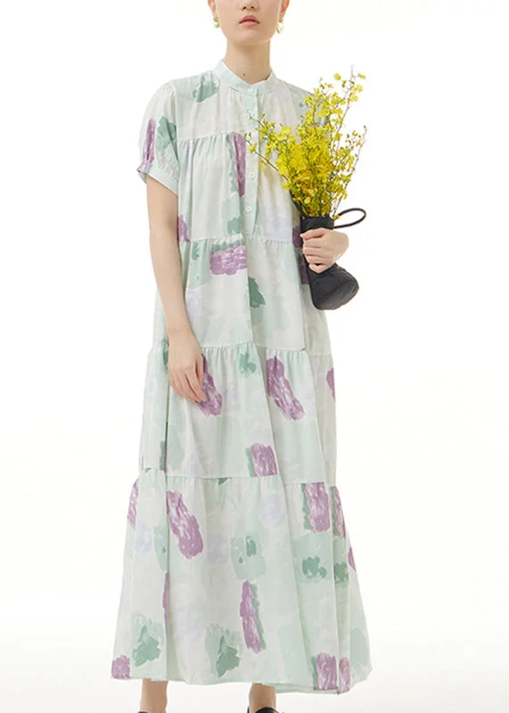 Green Print Button Maxi Dress Short Sleeve