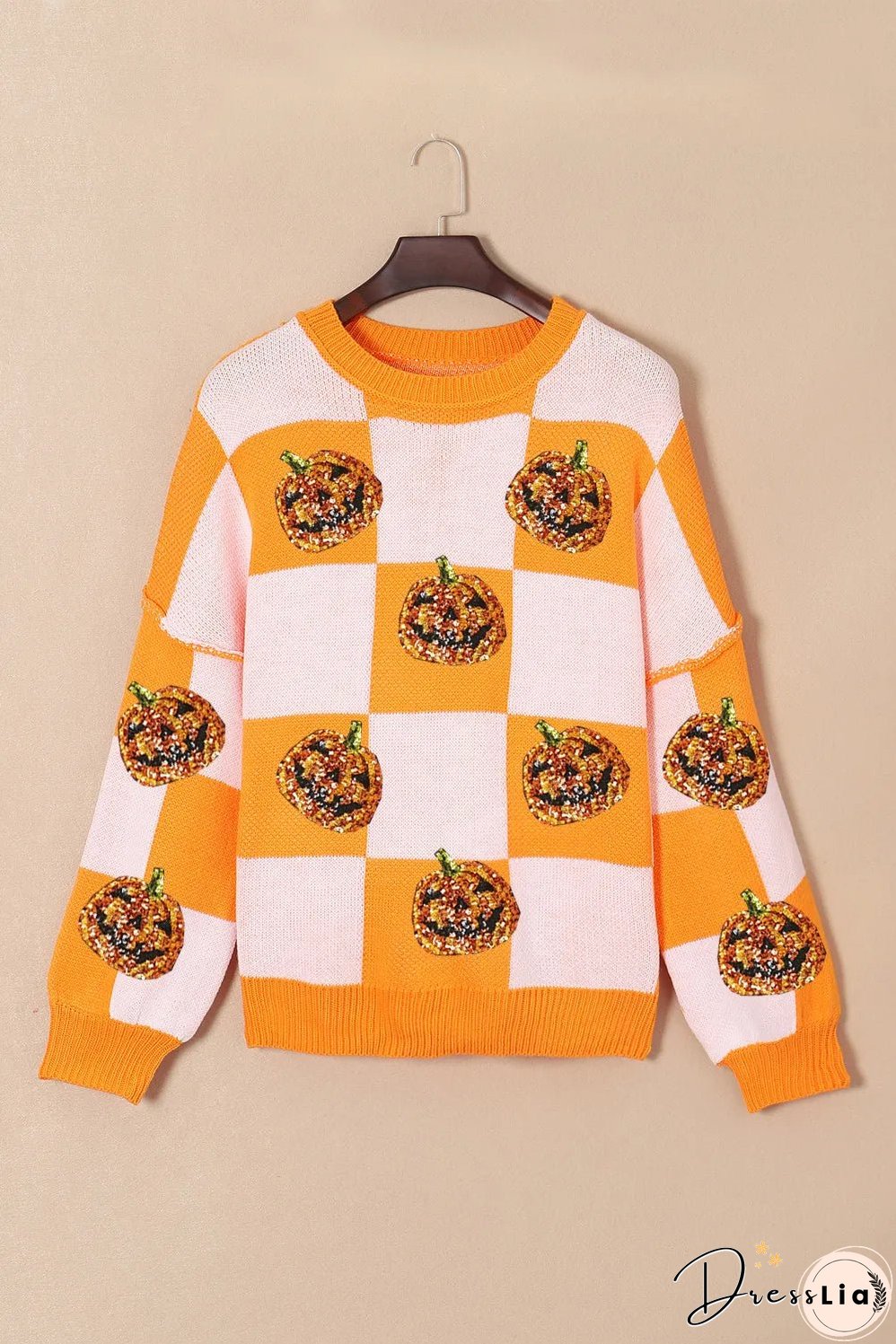 Pumpkin Checkered Round Neck Long Sleeve Sweater