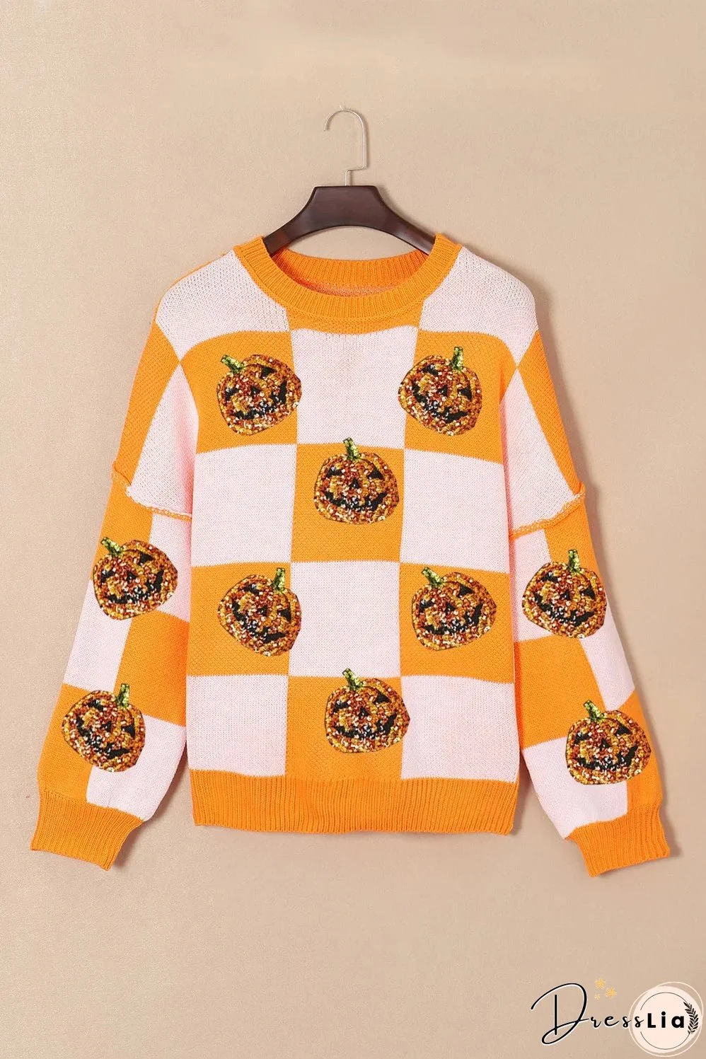 Pumpkin Checkered Round Neck Long Sleeve Sweater