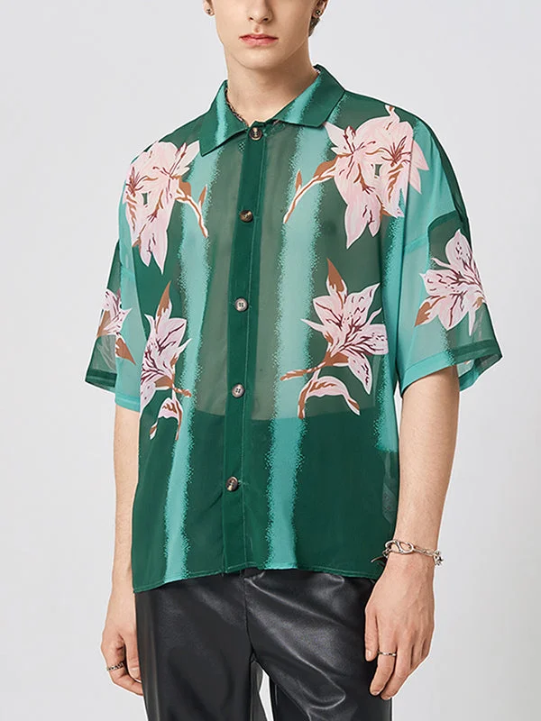 Aonga - Mens Floral Striped Print See Through Shirt J