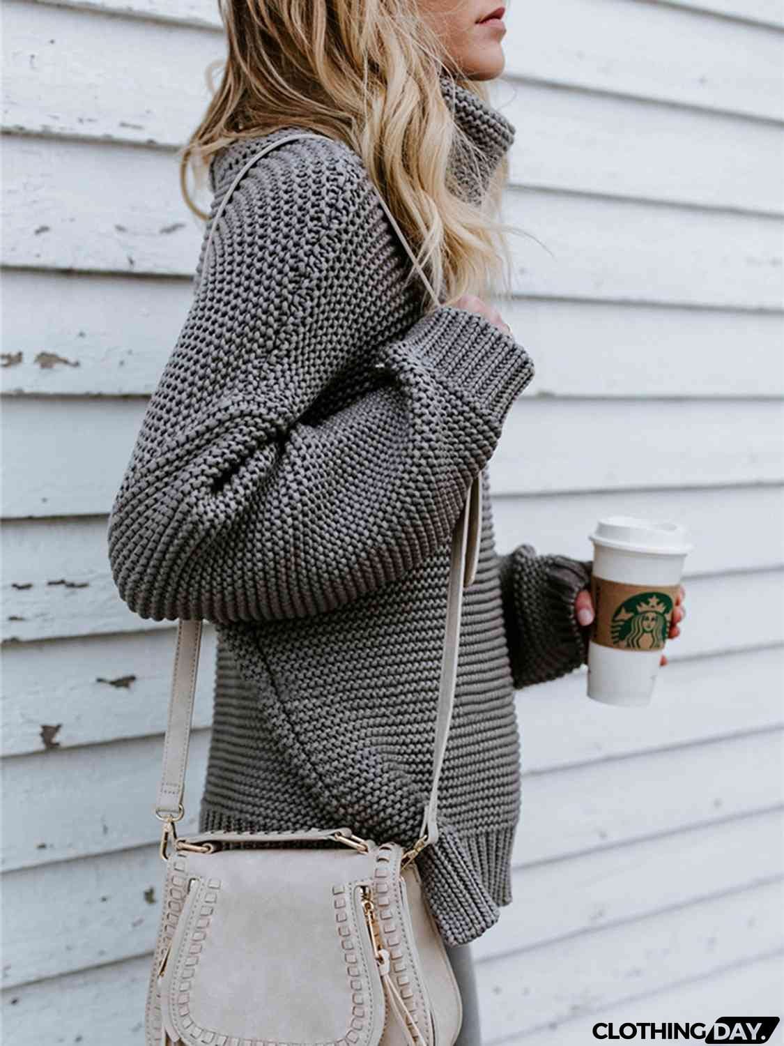 Turtleneck Dropped Shoulder Slit Sweater