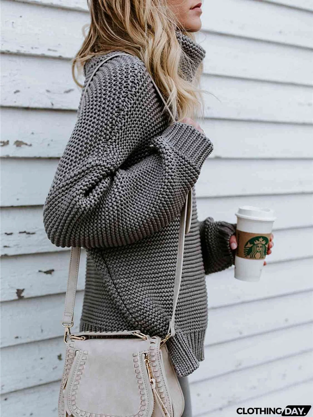 Turtleneck Dropped Shoulder Slit Sweater