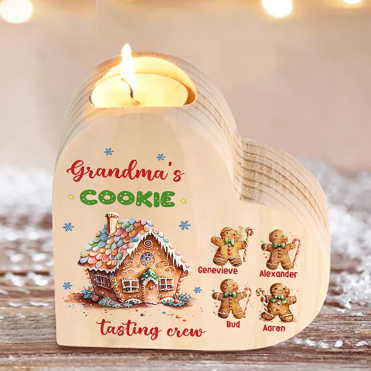 5 Names-Custom Christmas Wooden Candlestick-Personalized Names Cookie Heart Candle Holder Christmas Gift for Family
