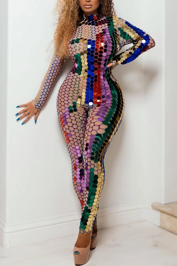 Xpluswear Plus Size Colorful Sequin See-Through Long Sleeve Jumpsuits 