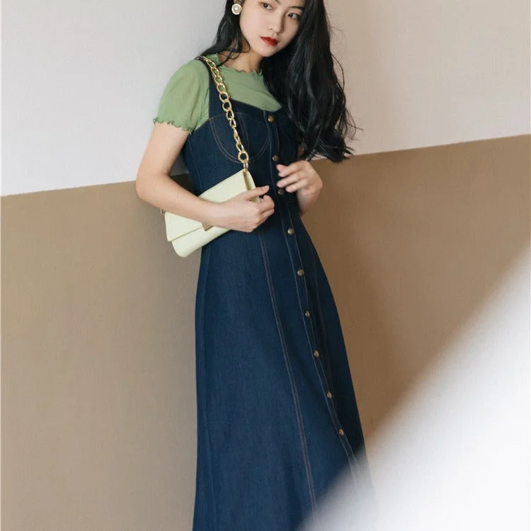 Women's Cottagecore Dress Summer French Retro Denim Strap Dress Waist Slimming Temperament Mid-Length