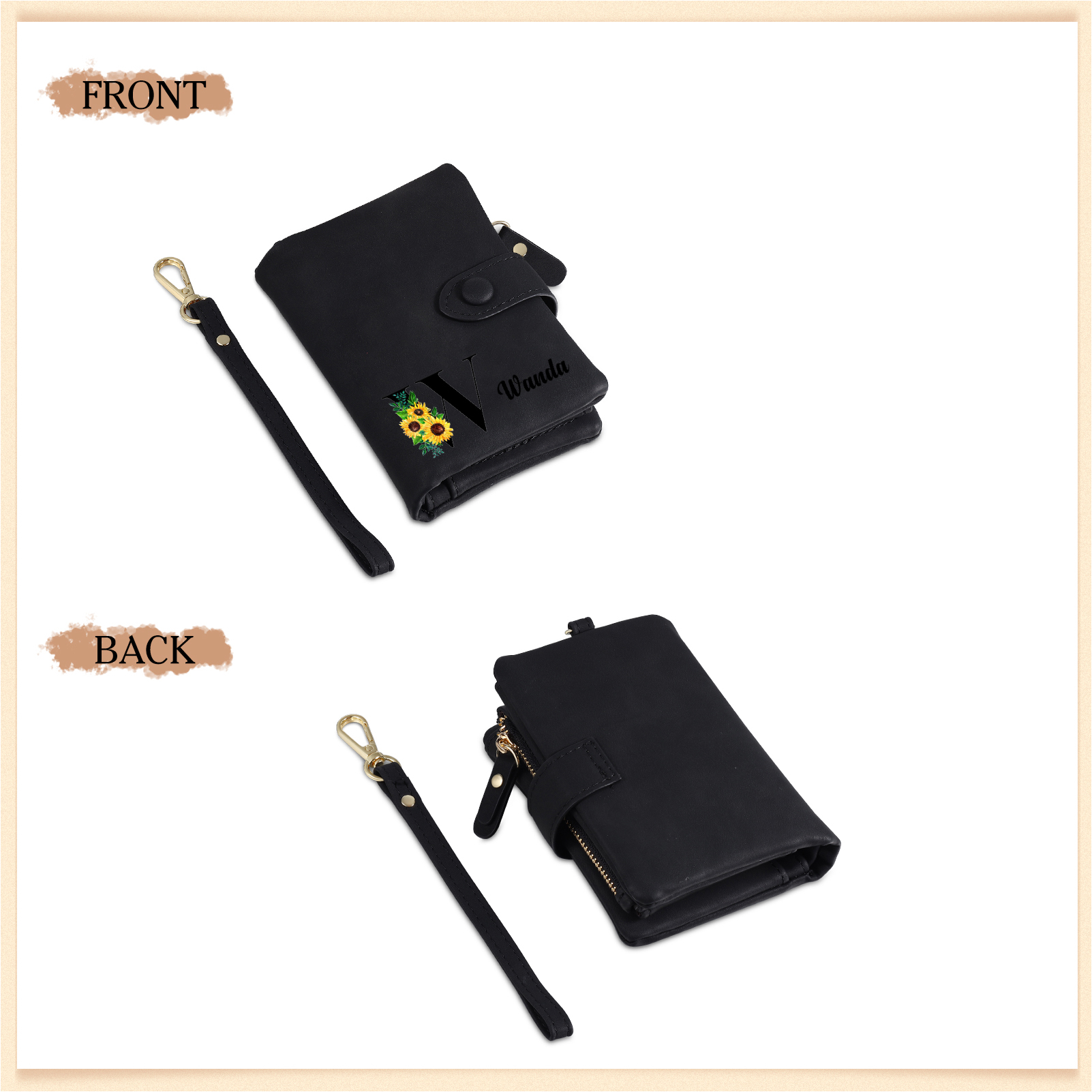 Portafoglio in PU pelle girasole con 1 letetra & 1 testo & 1 nome & 1 foto personalizzati per mamma/nonna