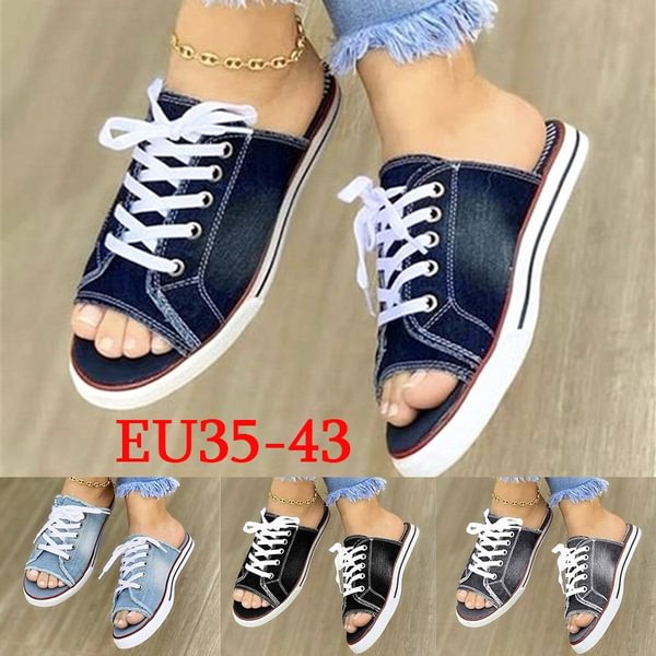 TeeYours New Summer Women Canvas Shoes Flat Denim Loafers Open Toe Sandals Ladies Casual Slippers Shoes Low Upper 35-43 - Shop Trendy Women's Fashion | TeeYours