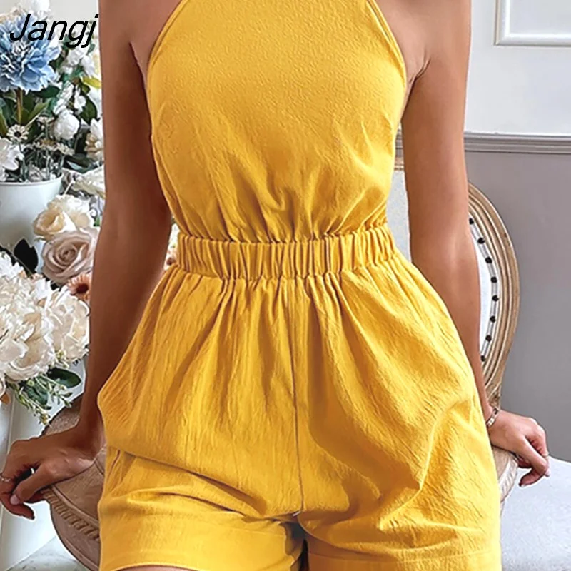 Jangj Women's Summer Jumpsuit Short Casual Halter Bandage Solid Rompers Playsuits Backless Yellow Sexy Outfits For Woman 2022 New