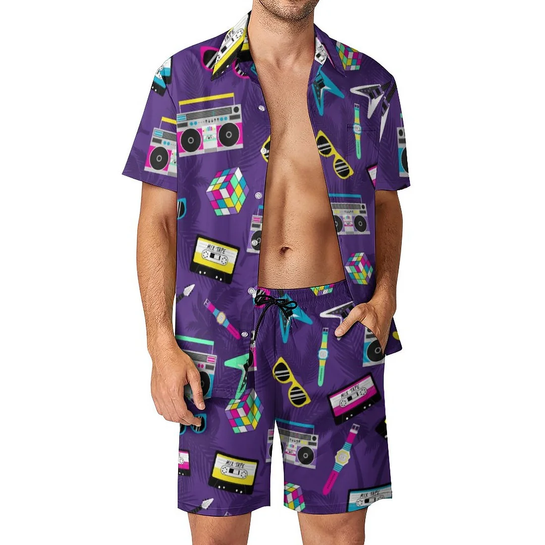 Trendy Style From 80S Purple Men Hawaiian 2 Piece Outfit Vintage Button Down Beach Shirt Shorts Set Tracksuit with Pockets