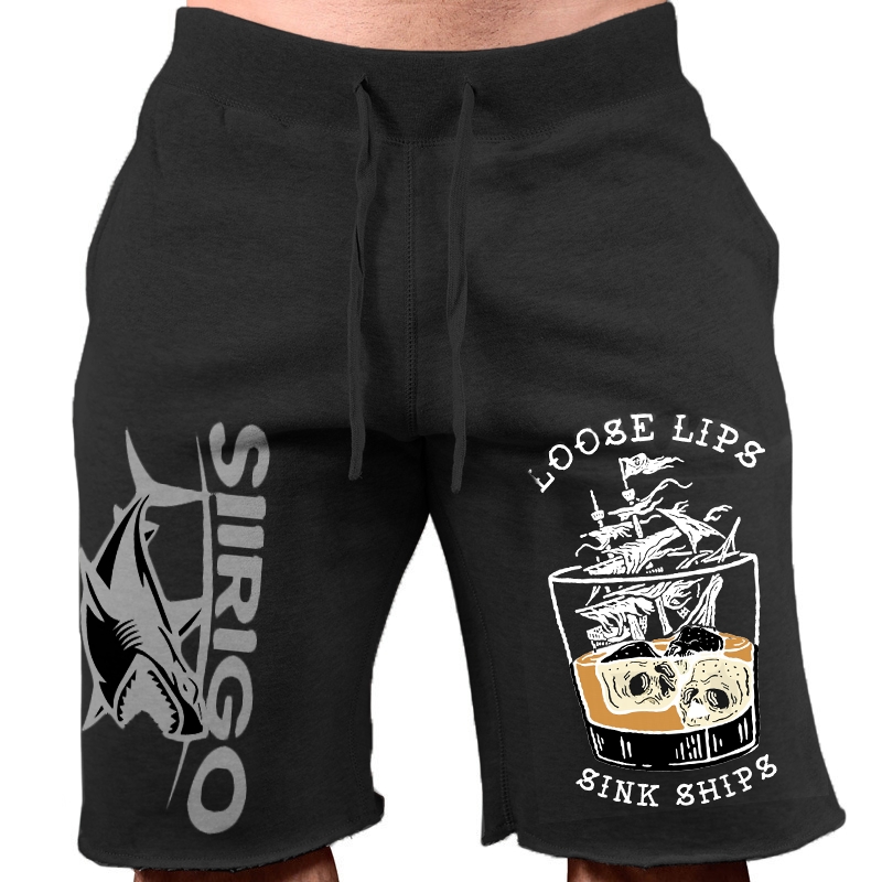 LOOSE LIPS SINK SHIPS Skulls Ship in the Water Graphic Print MEN'S SWEAT SHORTS WORKOUT