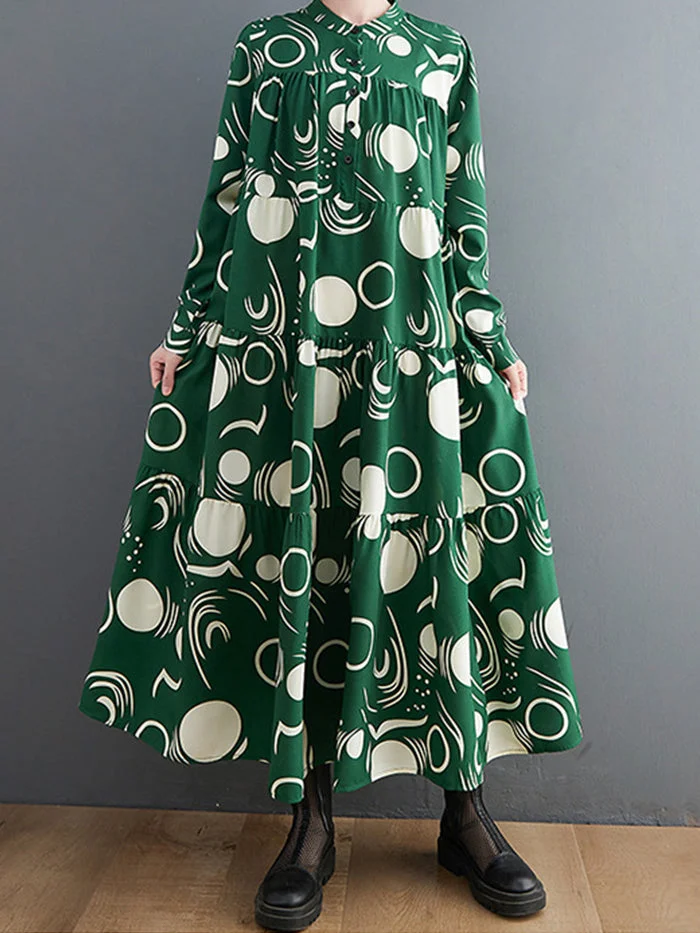 Fashion Button Long Sleeve Print Shirt Dress