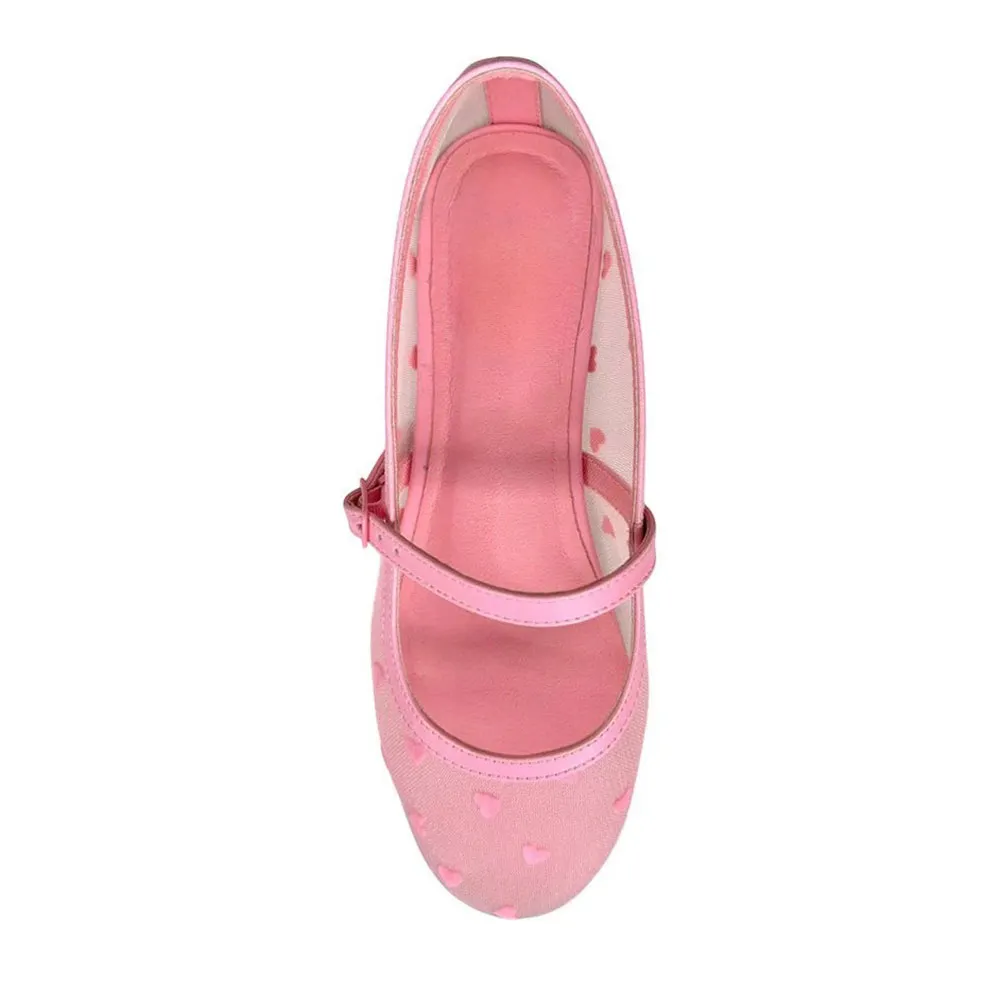 Pink Round Toe Velvet Flocked Hearts Comfy Mesh Flats with Buckle
