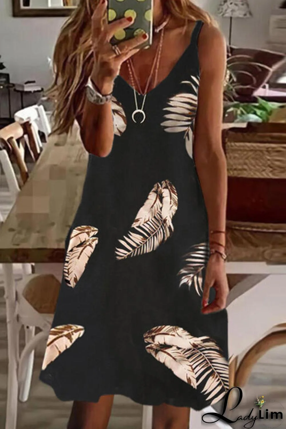 White Black Sexy Casual Print Backless V Neck Sling Dress
