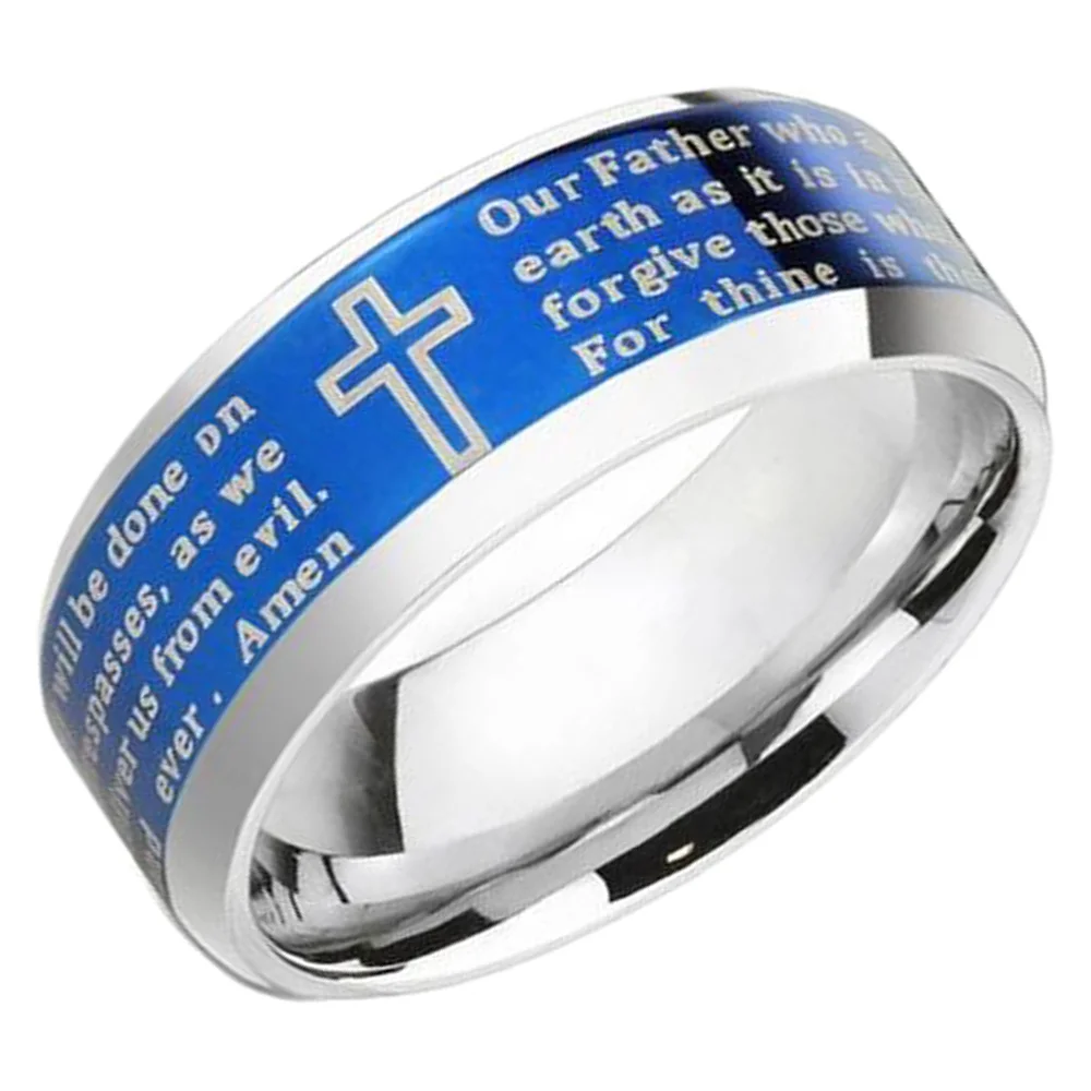 6MM 8MM Blue Tungsten Rings Lords Prayer Brushed Finished Beveled Edge