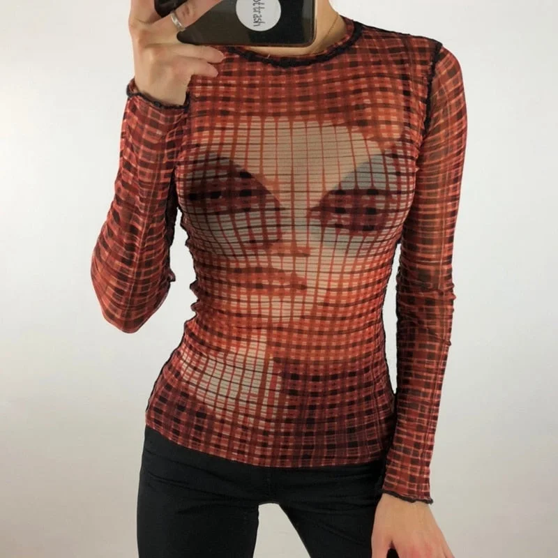 Y2K Vintage Mesh Sheer T-shirt See Through Long Sleeve Skinny Crop Top 90s Women Tees Harajuku Streetwear E-girl Gothic Clothes