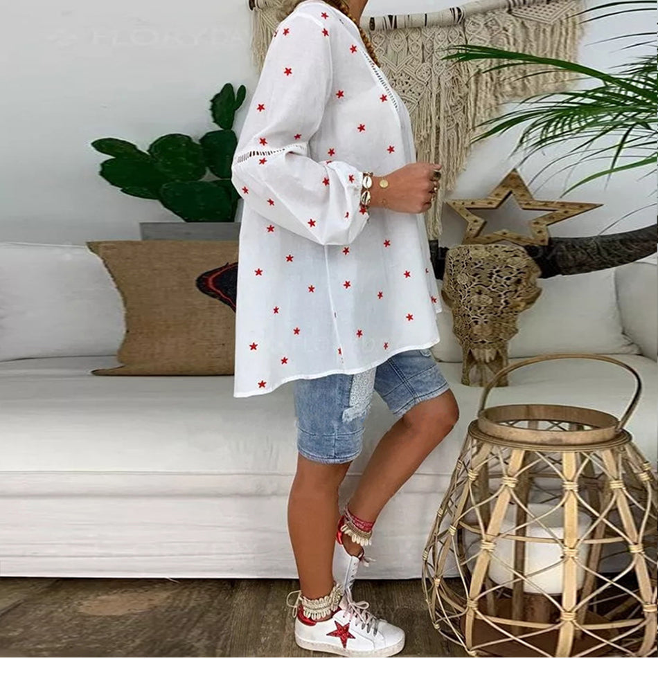 Women White Casual Lantern Long Sleeve Hollow Pentagram Printed Blouse Shirt