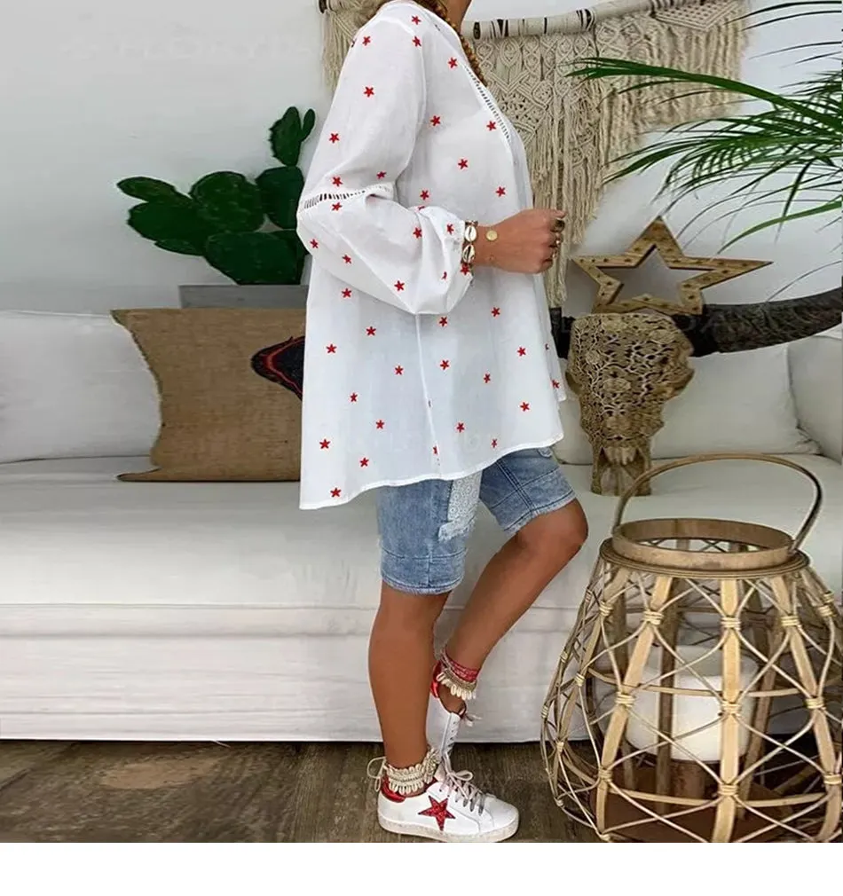 Women White Casual Lantern Long Sleeve Hollow Pentagram Printed Blouse Shirt