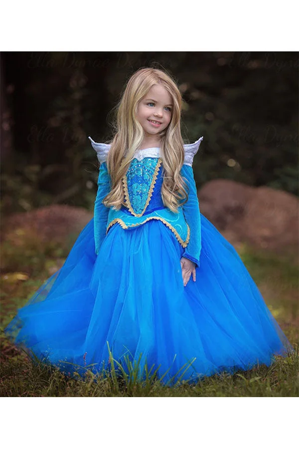 Halloween Long Sleeve Graceful Little Girl Princess Aurora Costume Blue-elleschic