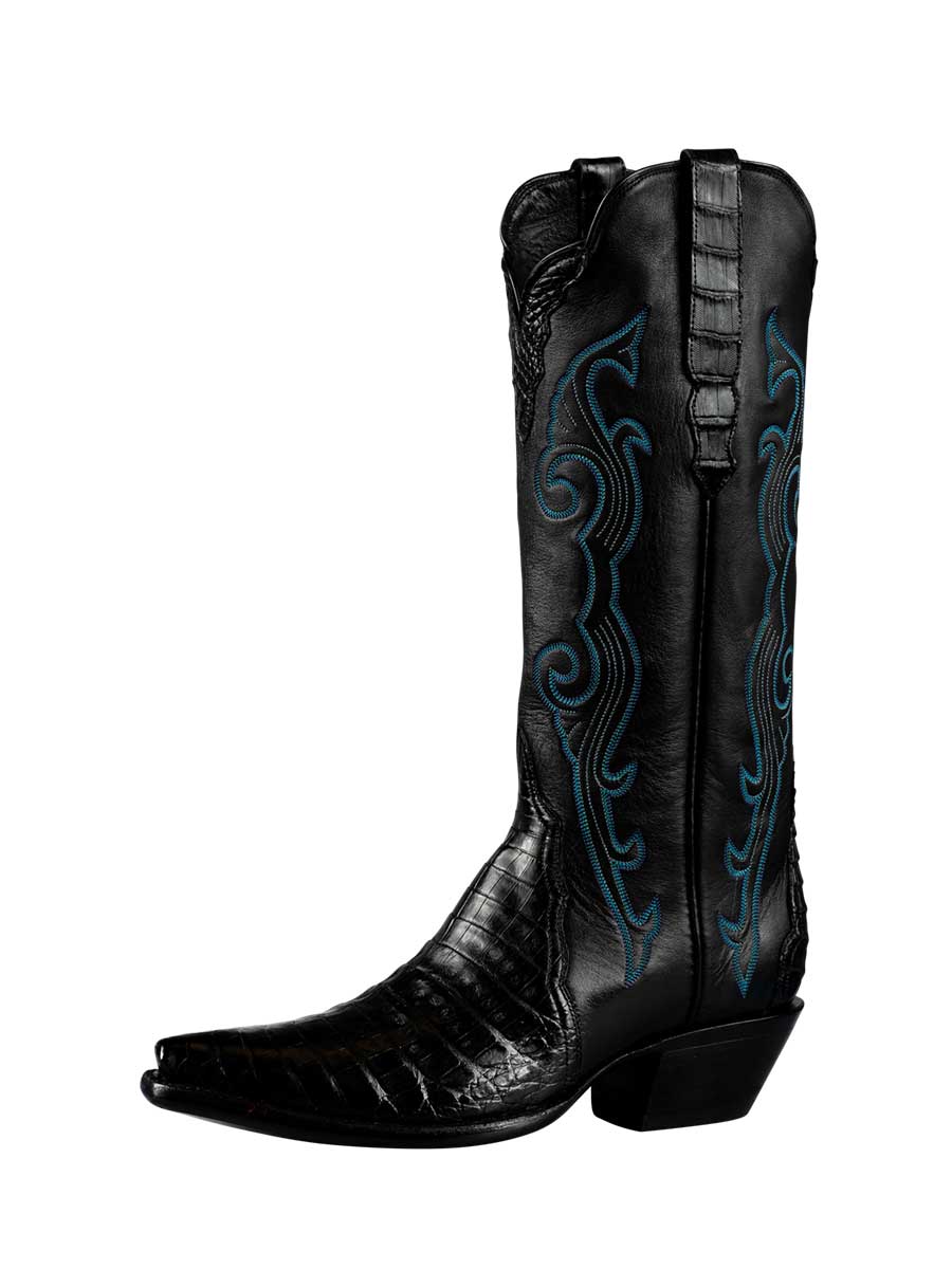 Black Snip Toe Embroidered Croco Embossed Knee-High Cowgirl Boots