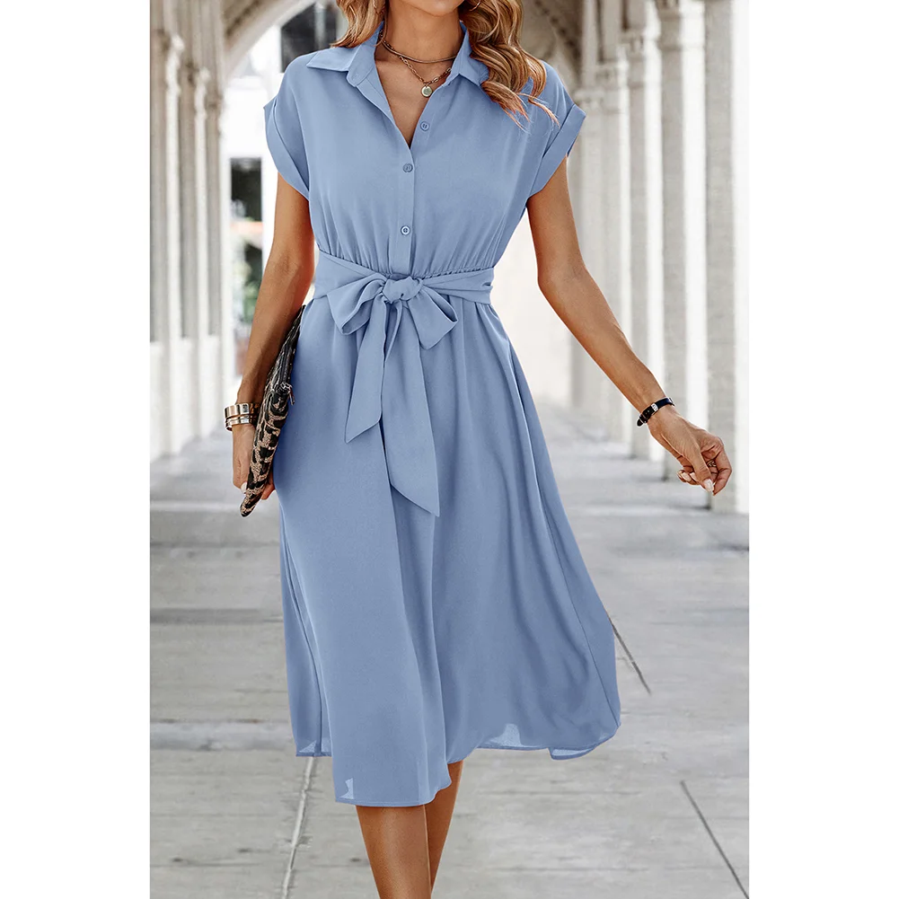 Light Blue Button Lapel Pocket Midi Dress With Tie