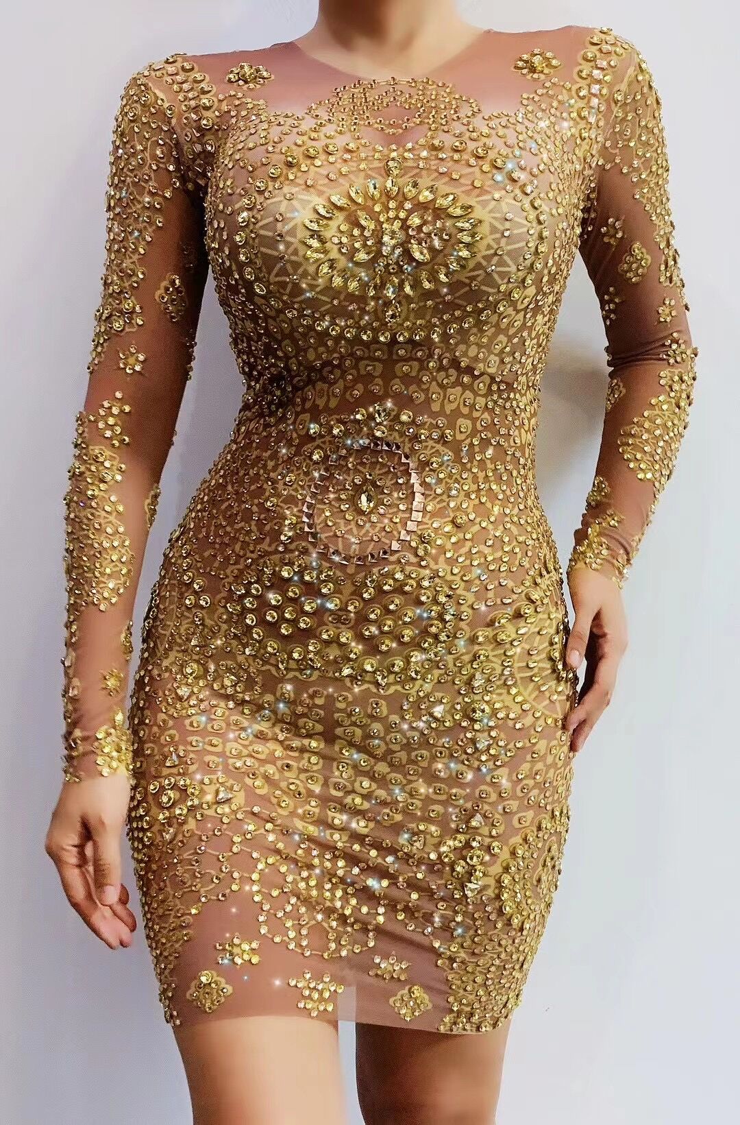 VCSHOES Gold Rhinestones Transparent Dress Evening Birthday Celebrate Long Sleeves Dress Women Dance Performance Costume Jinlun
