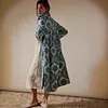 Women's Vintage Ethnic Pattern Turn-Down Collar Long Cardigan Shirt Jacket 
