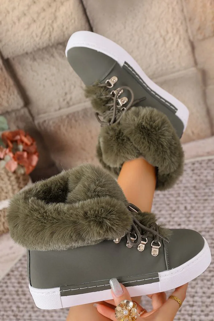 Daily Green Fuzzy Plush Lined Faux Fur Lace Up Round Toe Ankle Boots 2024 - Xpluswear