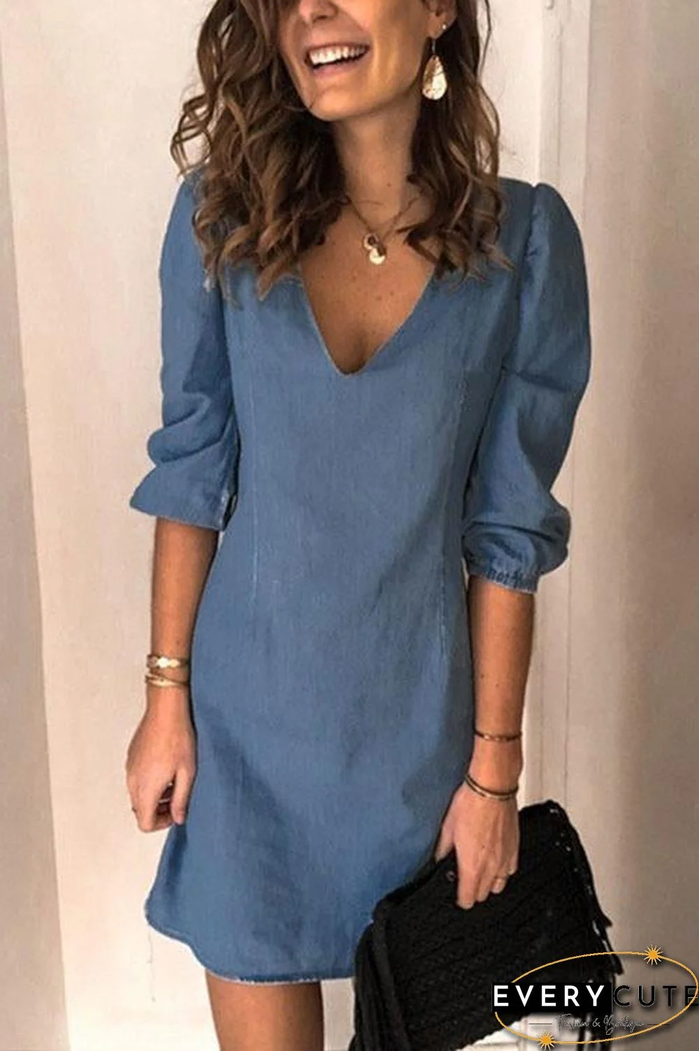 Casual V Neck Elastic Cuff Sleeve Mini Dress(5 Colors)