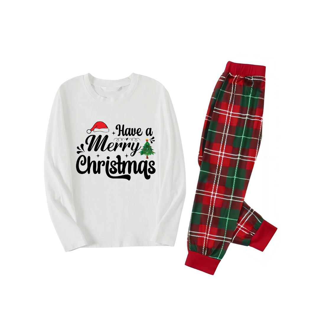 "Have a Merry Christmas" Letter Print White Long Sleeve Top with Red & Green Plaid Pants Family Matching Pajamas