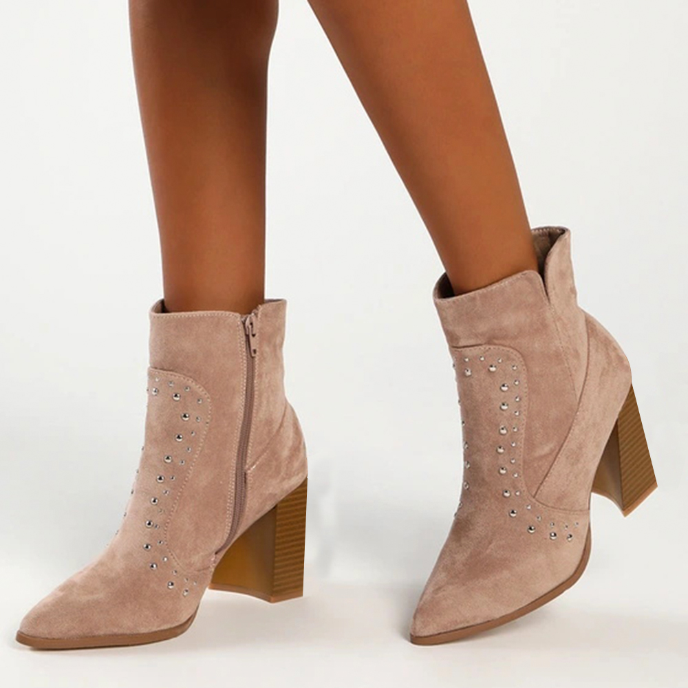 Nude Pointed Toe Studded Chunky Heel Ankle Boots with Zipper Nicepairs