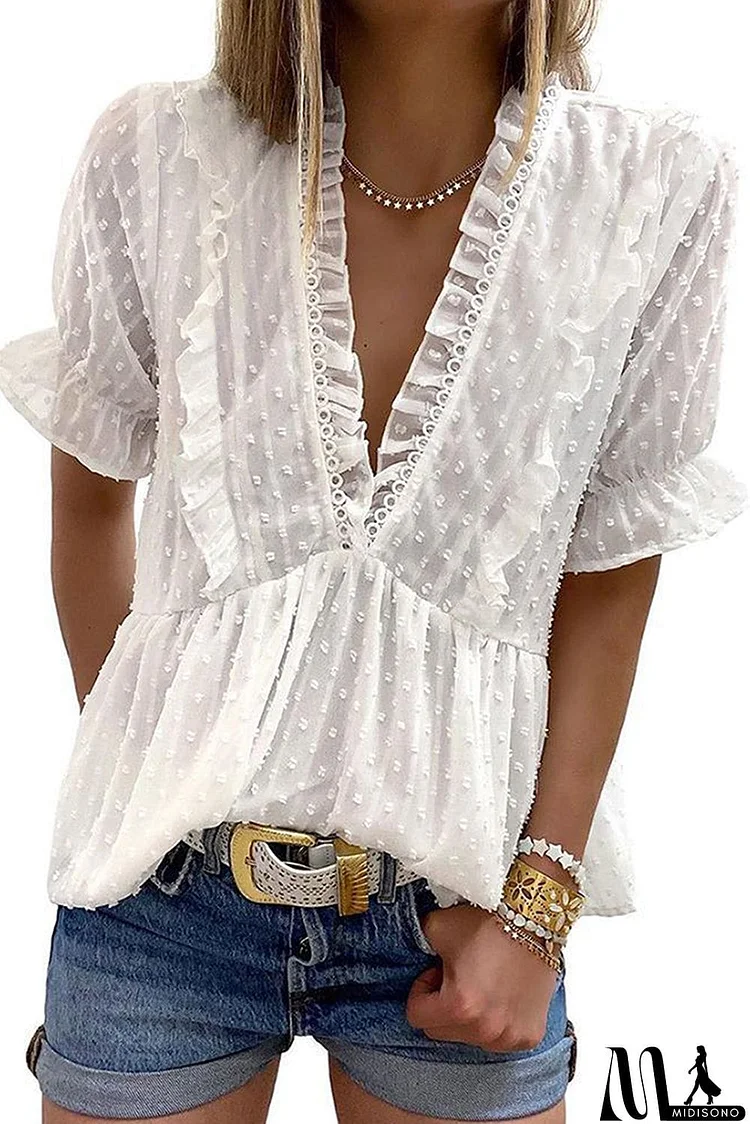 Ruffled V Neck Frill Hem Swiss Dot Blouse