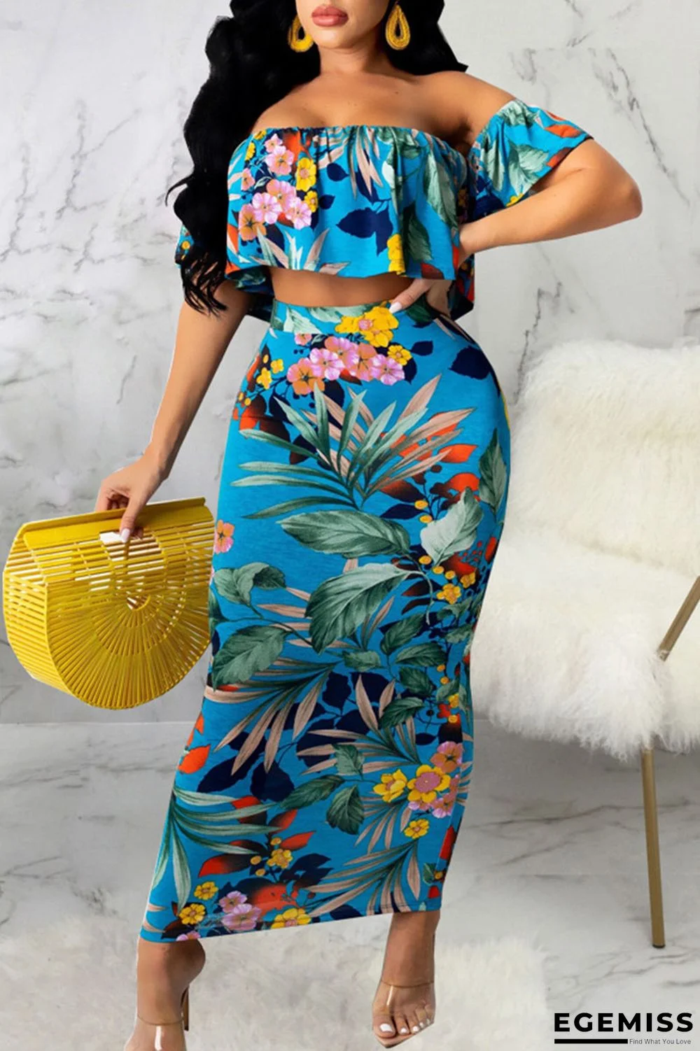 Blue Sexy Print Patchwork Strapless Short Sleeve Two Pieces | EGEMISS