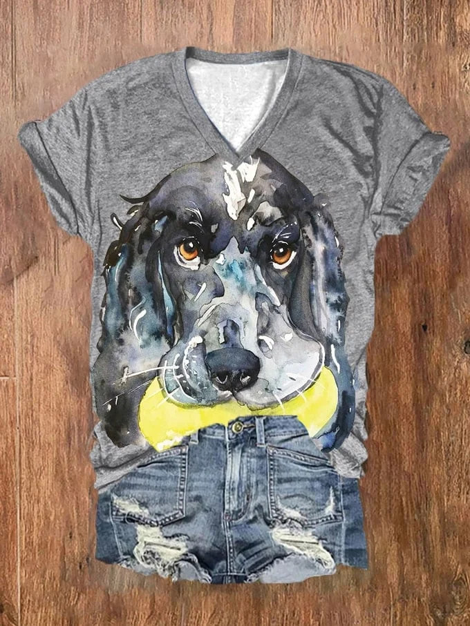 Women's Cute Funny Watercolor King Charles Spaniel Ball Print V-Neck T-Shirt
