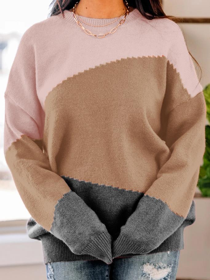 Women Long Sleeve Scoop Neck Colorblock Sweater Top